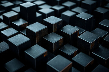 A textured arrangement of dark, three-dimensional cubes, creating a visually intriguing pattern with varying heights and shades.