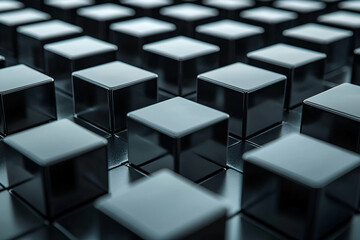 Obraz premium A close-up view of glossy black cubes arranged in a grid pattern, creating a visually striking geometric design.