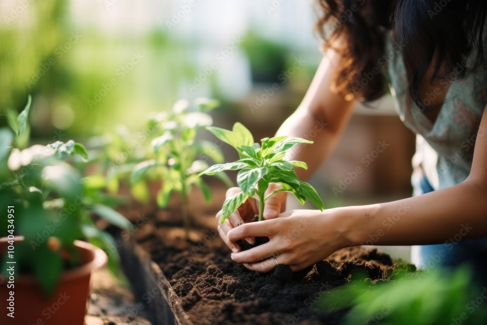 Poster Woman planting garden gardening outdoors.