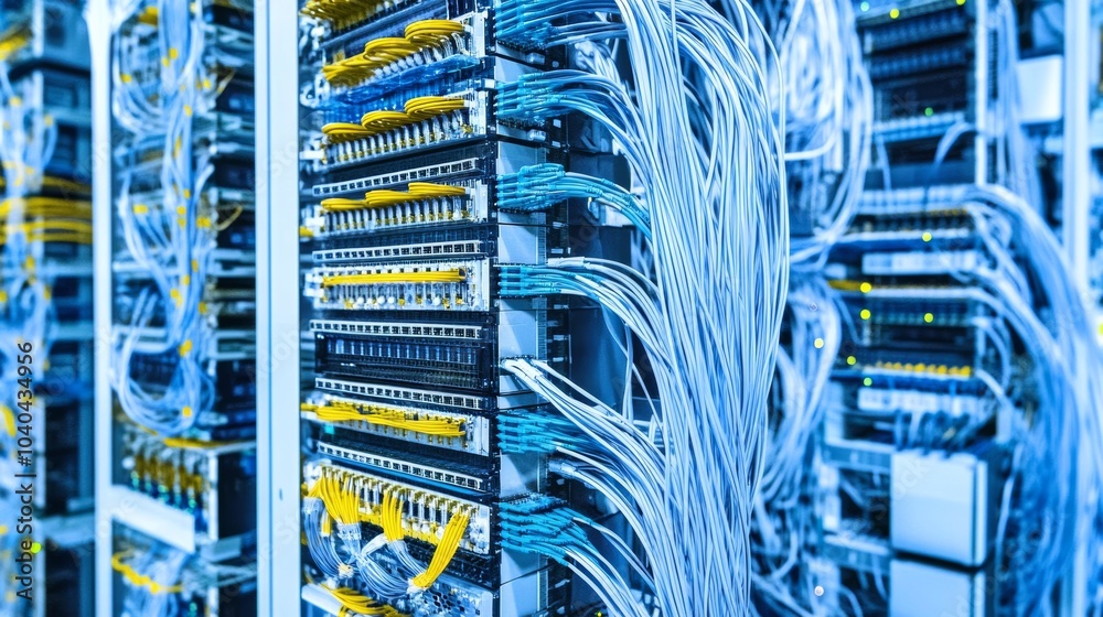 Poster high-speed data center with rows of servers and fiber optic cables, technological infrastructure sty