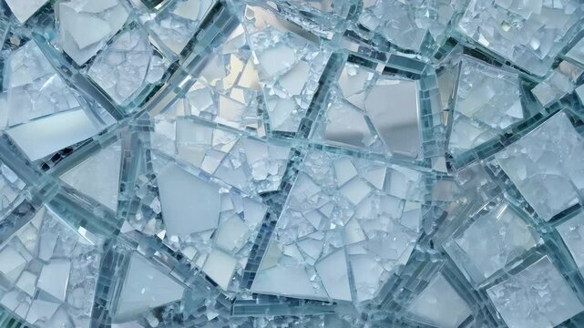 Flat lay rotating view of shattered ice blocks forming an intricate mosaic pattern, with cool blue tones and sharp geometric shapes.