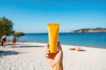 Sunscreen cream cosmetics outdoors holding.