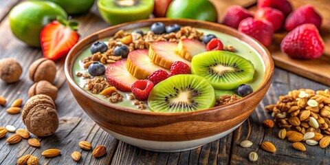 A Wooden Bowl of Green Smoothie with Kiwi, Strawberries, Raspberries and Granola, smoothie, bowl, breakfast