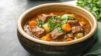 Traditional beef stew in a ceramic bowl, featuring fresh herbs and vegetables, perfect for cozy winter evenings