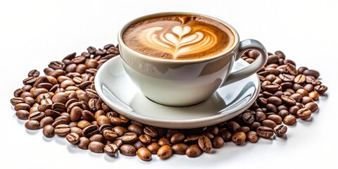 Fototapeta premium Aromatic Coffee Cup with Latte Art, White Background, Coffee Beans, Caffeine, Latte Art, Coffee Beans