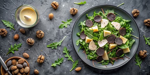 Fototapeta premium Arugula Salad with Black Truffle, Cheese, and Nuts, Top View, Food Photography, Truffle Salad, Gourmet Salad