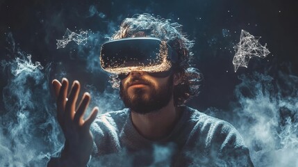 Man in AR Glasses Engaged in Virtual Project Work