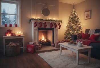 A Christmasdecorated living room with a fireplace and tree