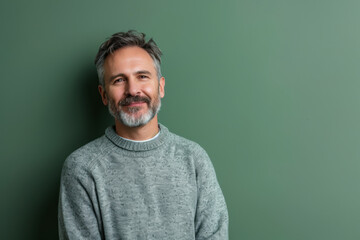 Obraz premium Middle-Aged Man with Beard in Grey Sweater Against Soft Green Background for Relaxed Portrait