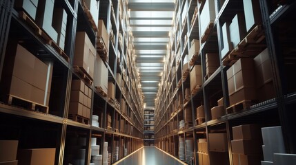 A cutting-edge distribution center filled with neatly stacked crates and packages, symbolizing the efficiency of global logistics, photography style