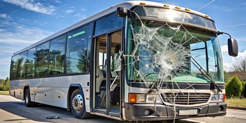 Bus with Cracked Windshield, Side View, Front, Daylight, Broken glass, Bus accident, Public transport