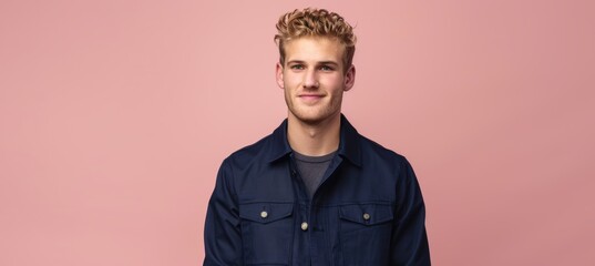 Fototapeta premium Young Man in Navy Blue Jacket with Warm Smile Against Soft Pink Background for Portrait Use