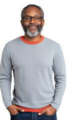 Fototapeta premium Mature man in glasses and gray sweater standing and smiling confidently on transparent background