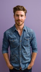 Fototapeta premium Casual Portrait of a Relaxed Man in Denim Shirt Against Lavender Background