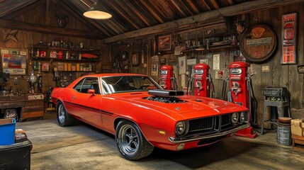 Classic Red Muscle Car in a Rustic Garage with Gas Pumps