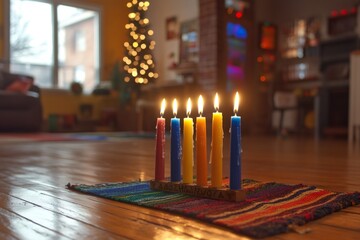 Kwanzaa celebration, close-up image of a kinara with seven lit candles symbolizing the principles of Kwanzaa, in a festive room with family celebrating in the background