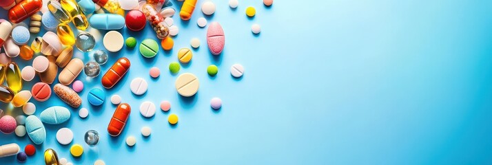 Banner made with assorted multicolored medicine pills, capsules, and tablets on blue background with copyspace. Immune system vitamins and supplements. Dietary bio supplements.