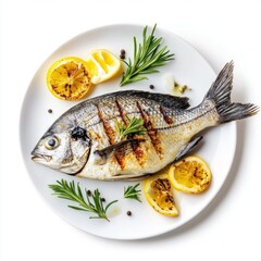 A beautifully grilled whole fish served on a white plate. Fresh herbs and lemon slices add a touch of color and flavor to this stylish dish. Perfect for seafood lovers. AI