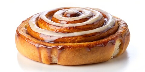 Fototapeta premium Close-up of a Single Cinnamon Roll with White Icing, Cinnamon Roll, Pastry, Bakery