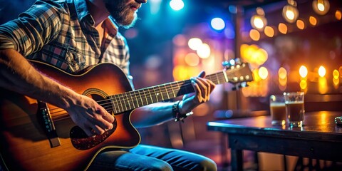 Obraz premium Close-up of a Man Playing an Acoustic Guitar in a Dimly Lit Bar, Guitarist, Live Music, Acoustic