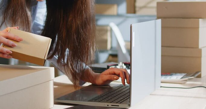 Young business woman laptop working online, checking box item title, description and price. Individual seller starting small family business. Warehouse man, woman at storing area, marketplace manager 
