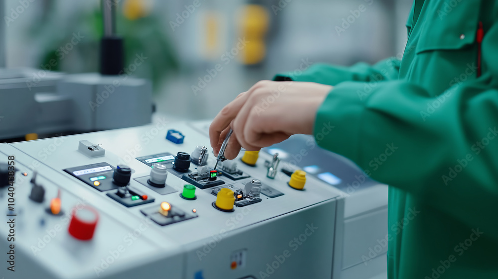 Poster worker adjusting control panel settings in an industrial environment during day