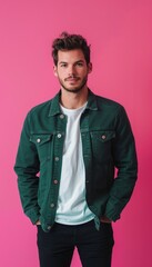 Confident Young Man in Green Jacket Against Vibrant Pink Background for Fashion and Lifestyle
