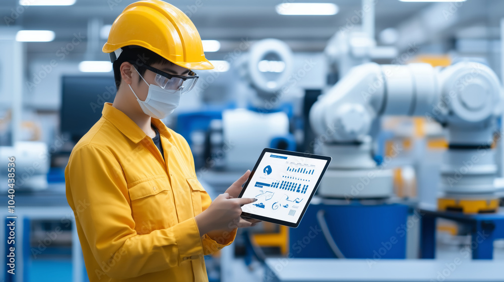 Aufkleber Factory manager assesses production performance while using a tablet device