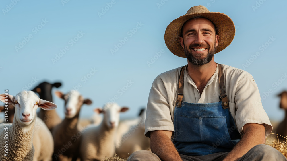 Wall mural a joyful farmer enjoys a moment of peace on a sunny haystack with sheep