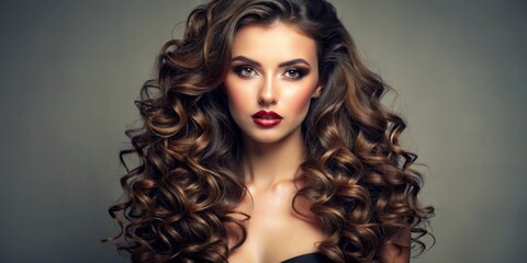 Fototapeta premium Close-up Portrait of Woman with Long Curly Brown Hair, Soft Lighting, Focus on Eyes and Lips, Beauty and Style, Hair Care, Fashion, Woman