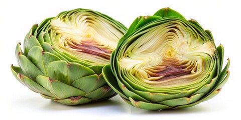Close-up View of a Halved Artichoke, Isolated on White Background, Artichoke , vegetable , healthy food