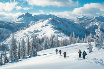 Exploring a pristine snowy mountain landscape under a soft winter sky