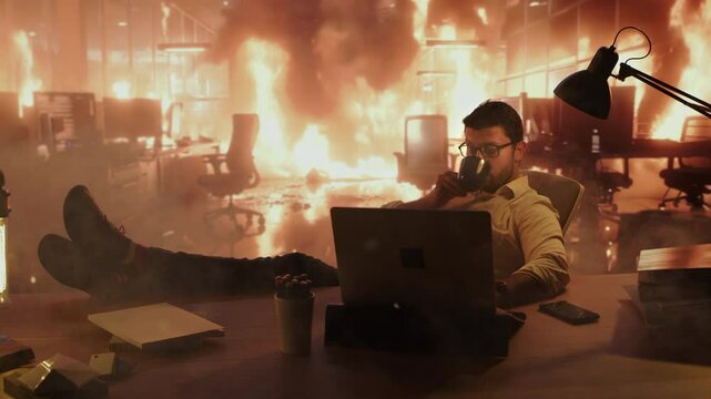 Man Sitting at Desk Drinking Coffee Unbothered by Office Fire Workplace Chaos Calm Work