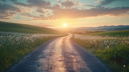 Fototapeta premium Serene Winding Road in Lush Green Countryside at Sunset