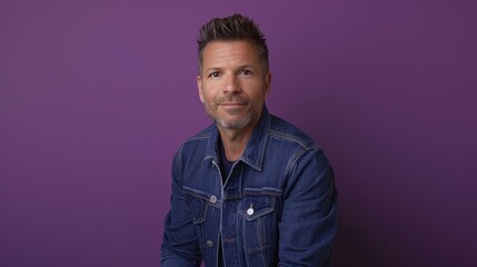 Obraz premium Casual Style and Confidence: Denim Jacket Against Bold Purple Backdrop for Design Use