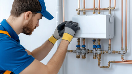 Technician repairs home central heating system during routine maintenance task