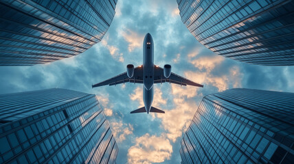 An airplane soars gracefully above towering skyscrapers during twilight
