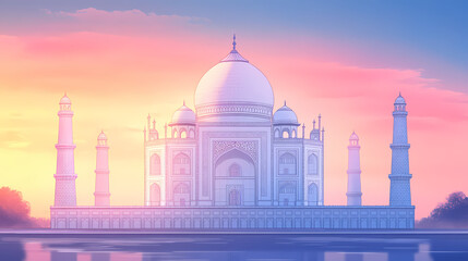 Fototapeta premium The taj mahal is a white marble mausoleum located in agra, india. Taj Mahal at Sunrise. Illustration