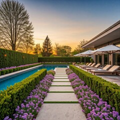 Obraz premium luxury modern backyard with swimming pool and patio lounge chairs at sunset