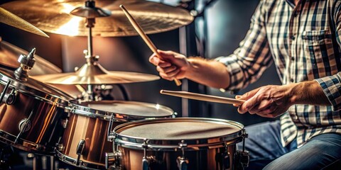 Naklejka premium Drum Solo Close-up of a drummer's hands playing a drum set, drums, music, instrument