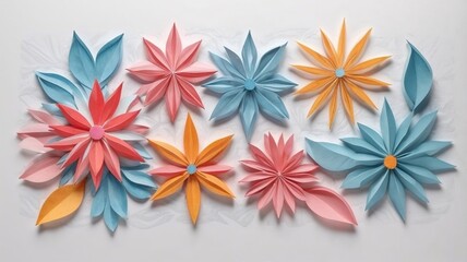 Colorful paper flowers arrangement in various shapes on a light background