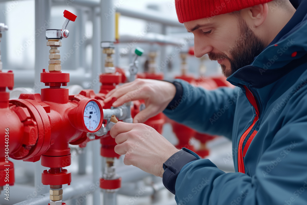 Poster engineer fine-tunes control mechanisms on industrial piping in winter setting