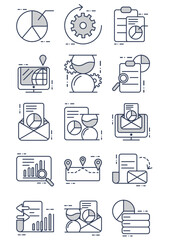 Set of office work vector icons in black lines on a white background