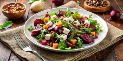 Fresh Beet Salad with Feta and Nuts on a Rustic Table, beet salad, feta cheese, nuts, ,salad recipe