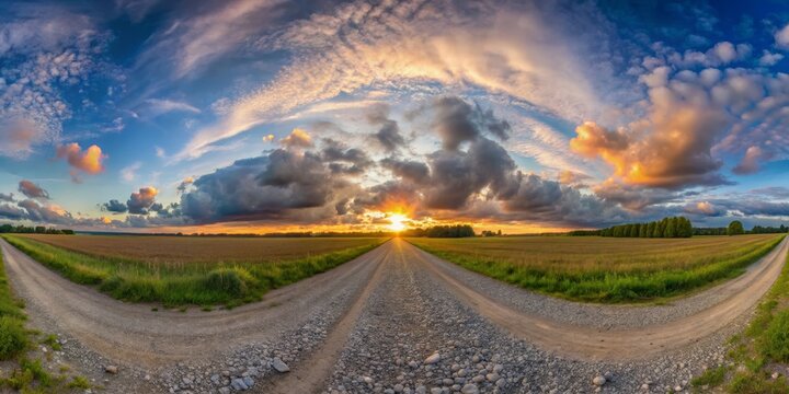 Fork in the Road at Sunset, 360-degree Panorama, Dramatic Clouds, Gravel Path, Golden Hour, Landscape, Nature