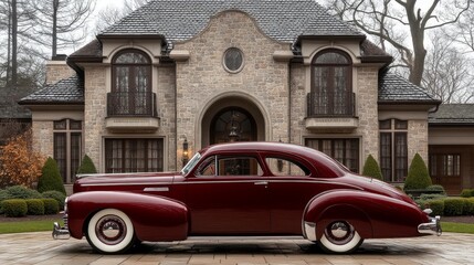 Maroon Classic Car Parked in Front of a Stone Mansion