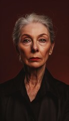 Fototapeta premium Pensive Middle-Aged Woman Against Burgundy Background for Thoughtful Contemplation Design