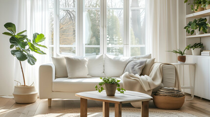 Fototapeta premium Bright Scandinavian Minimalist Living Room with Cozy White Sofa, Light Wood Accents, and Abundant Natural Light