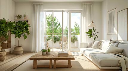 Fototapeta premium Bright Scandinavian Minimalist Living Room with Cozy White Sofa, Light Wood Accents, and Abundant Natural Light