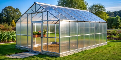 Obraz premium Glass Greenhouse with Metal Frame, Open Door Showing Interior, Bright Green Lawn, Greenhouse , Garden , Structure